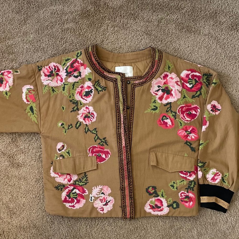 Anthropologie Maeve Needlepoint Floral Oversized Boxy Bomber Jacket